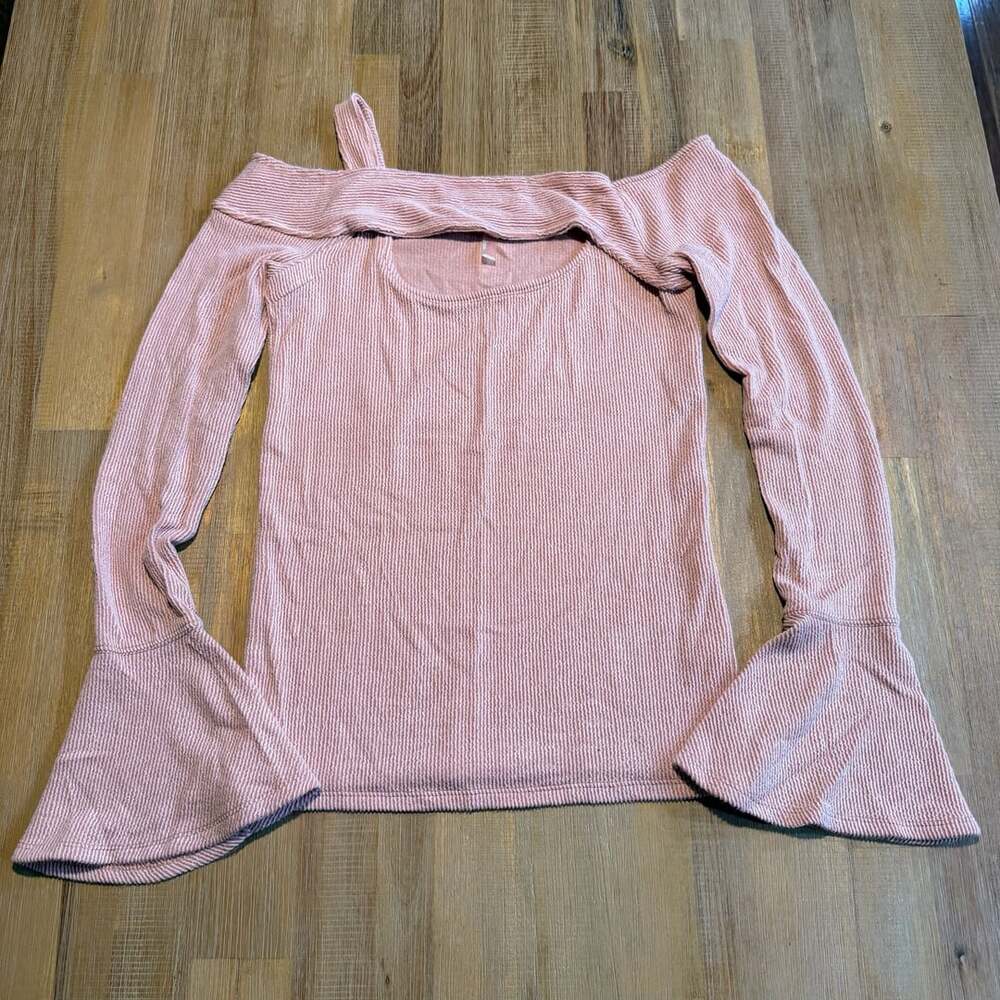 Free People Movement Pink Textured Cold Shoulder Bell Sleeve Top